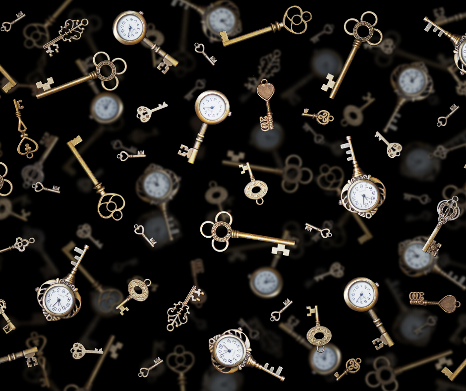 keys with antique clocks on the end floating in the air - why it's our time